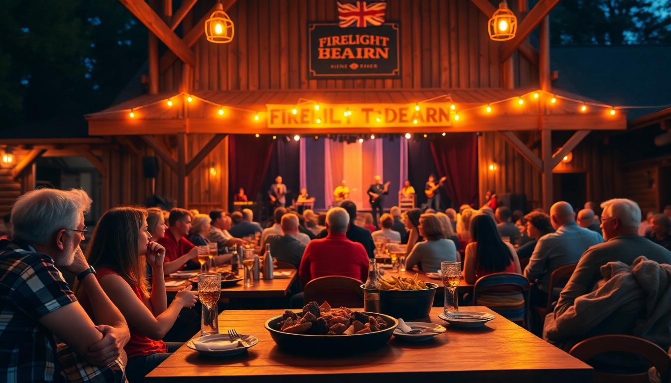 Audience enjoying a performance at firelight barn dinner theater featuring lively entertainment.