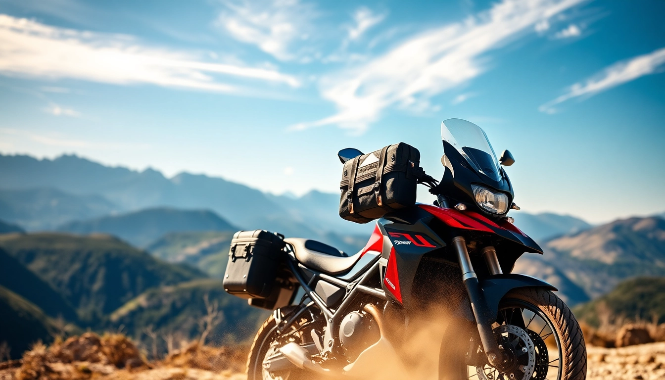 Secure waterproof motorcycle luggage on a touring bike against a scenic mountain backdrop.