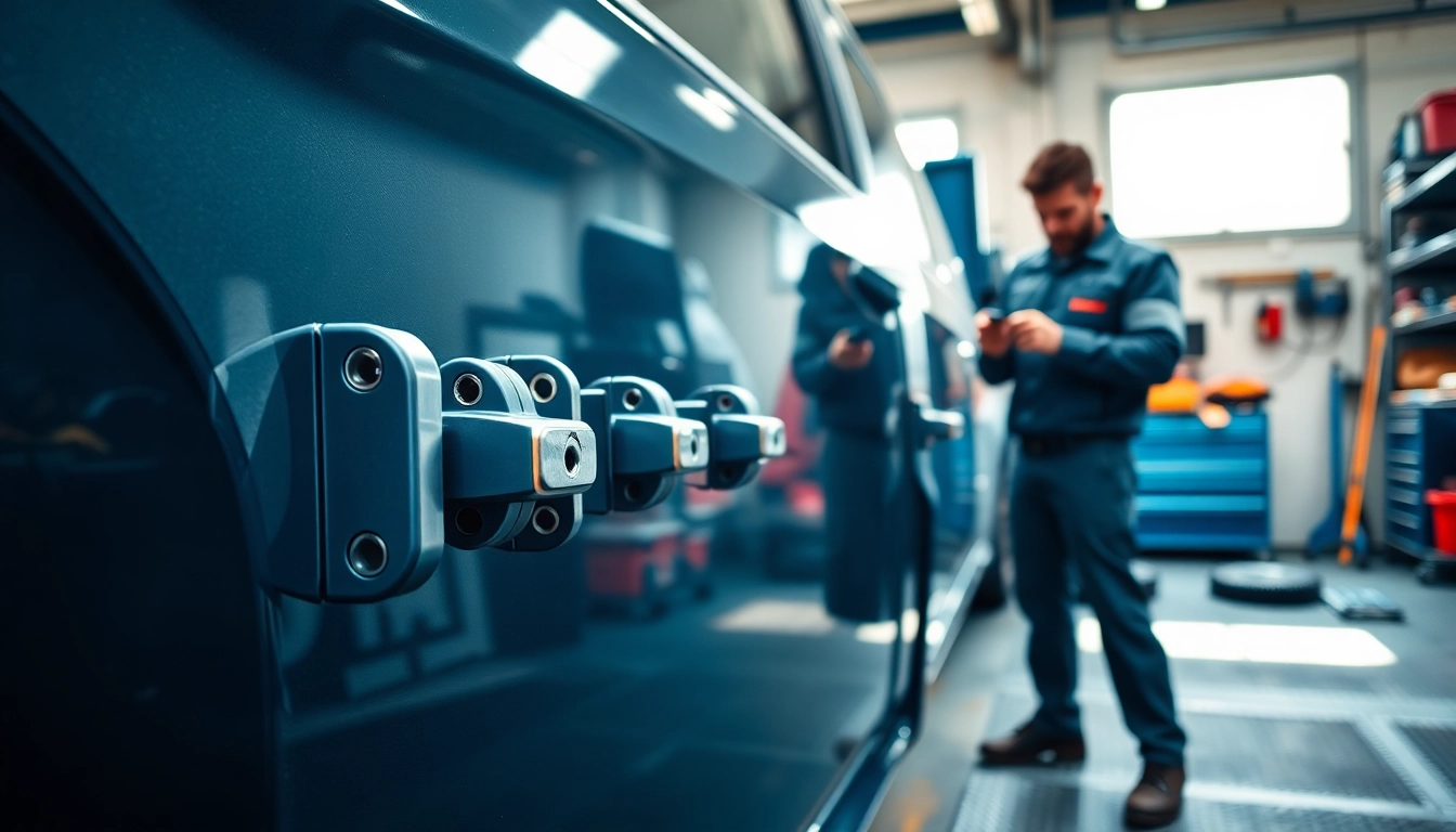 Installazione di serrature per veicoli professionali in un garage attrezzato.