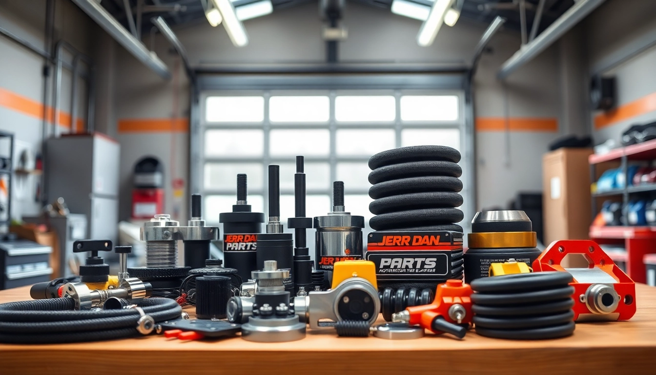 Showcasing Jerr Dan Parts displayed on a workbench highlighting quality and durability.