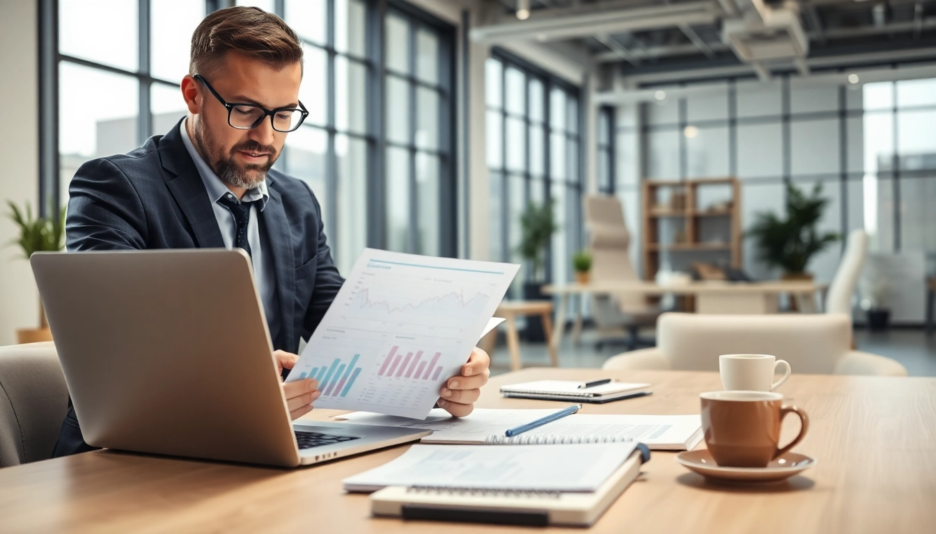 Purchasing consultant analyzing market data in a professional office setting.