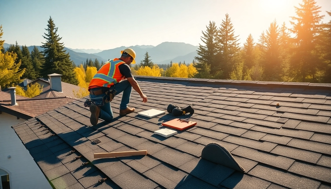Roofing Vancouver Wa experts installing shingles on a residential home in a sunny suburban setting.