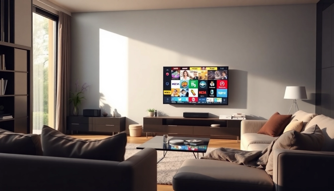 Regardez les chaînes de Code iptv dans un salon moderne avec un éclairage chaleureux.