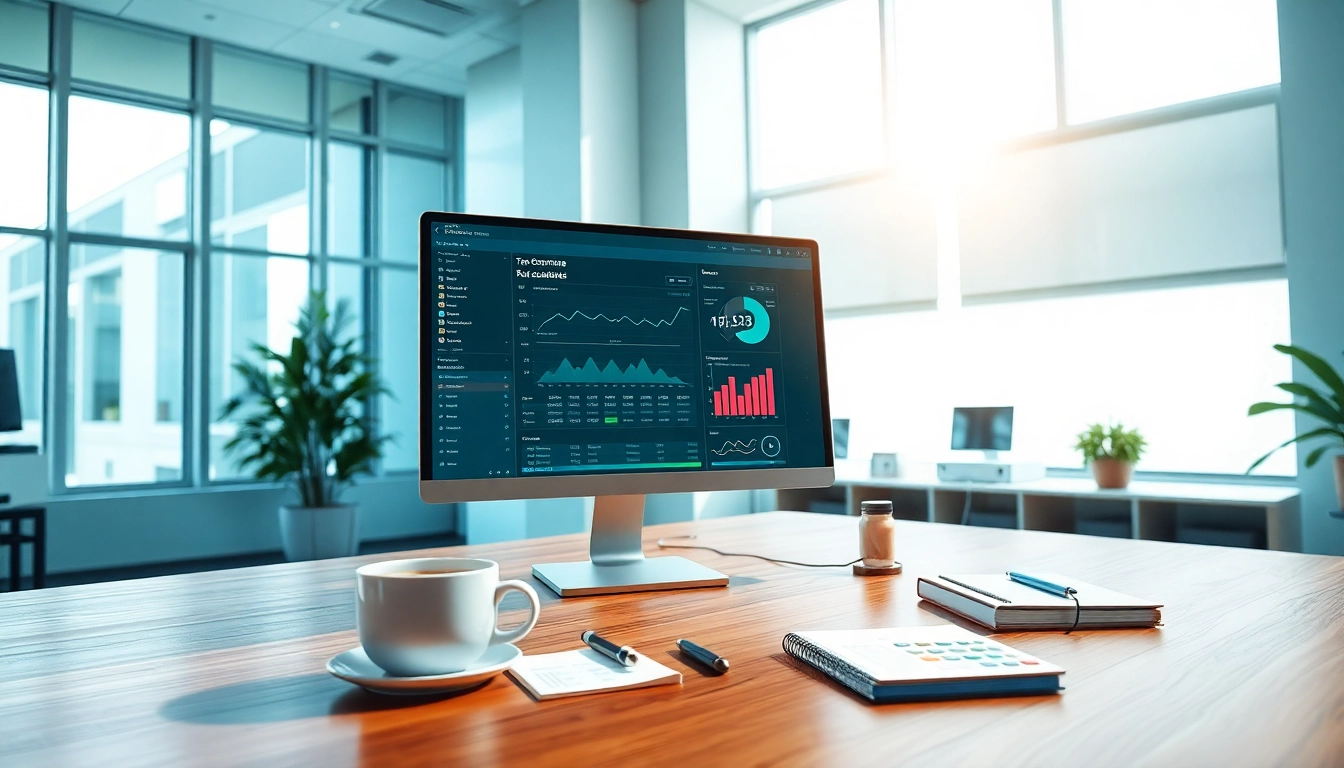 Illustration of ecommerce tax automation software on a sleek computer in a modern office setting