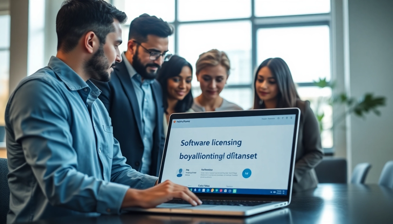 Engaging professionals discussing digital software licensing on https://digitalsoftwaremarkett.com in a modern office.