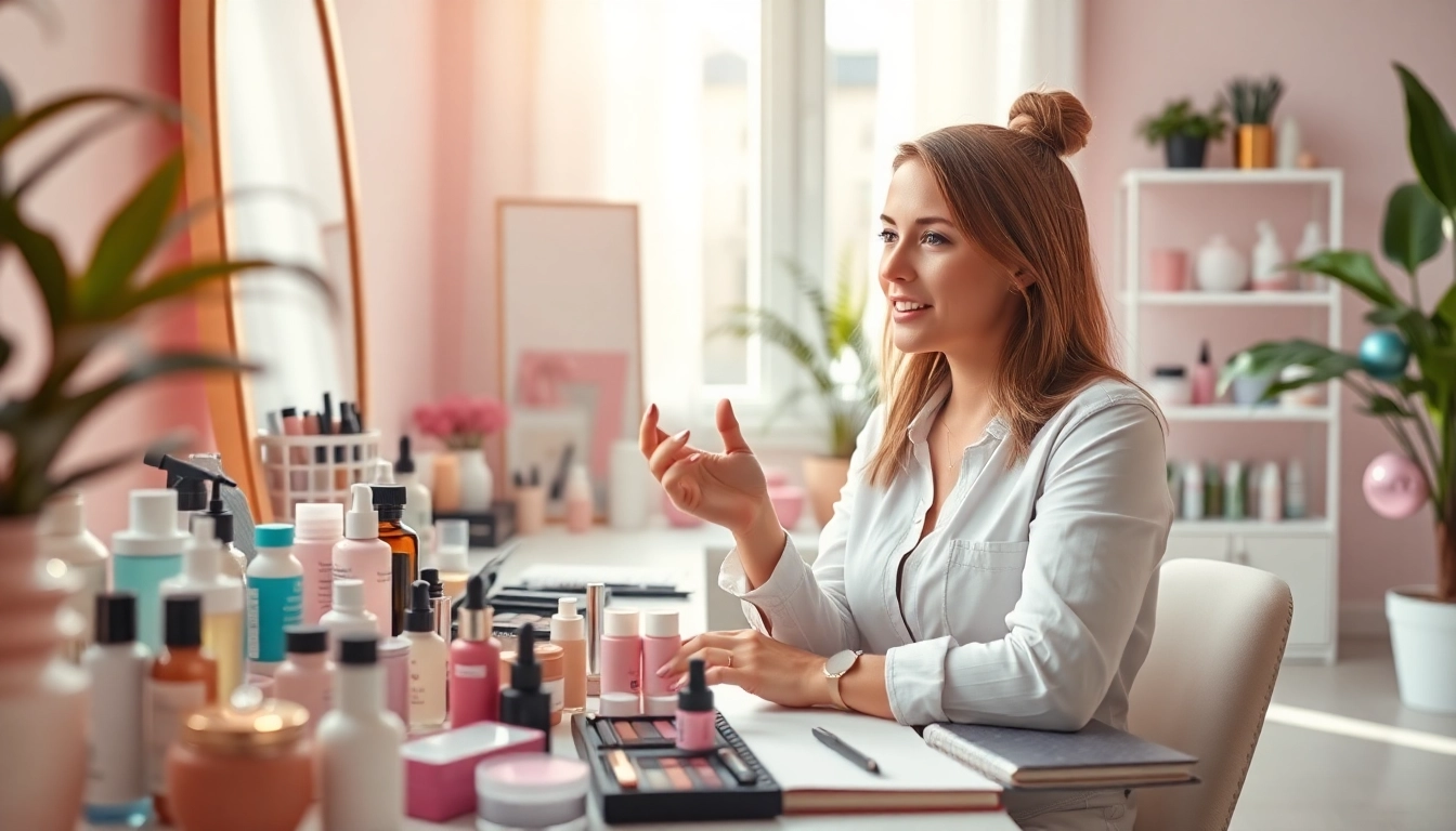 Showcase your beauty journey with https://cosmeticsarenas.com featuring a vibrant beauty blogger at a stylish station.