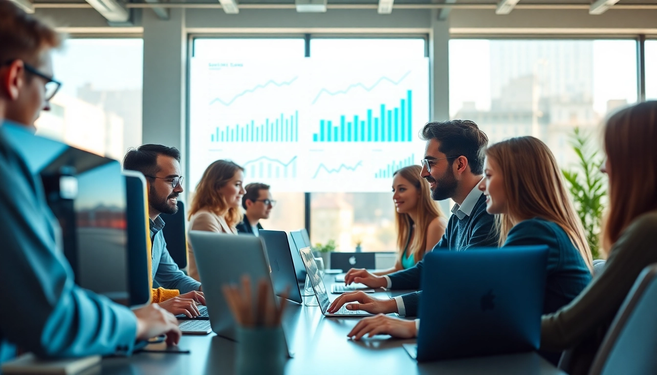 Engaged team at a search optimization company collaborating on digital marketing strategies.