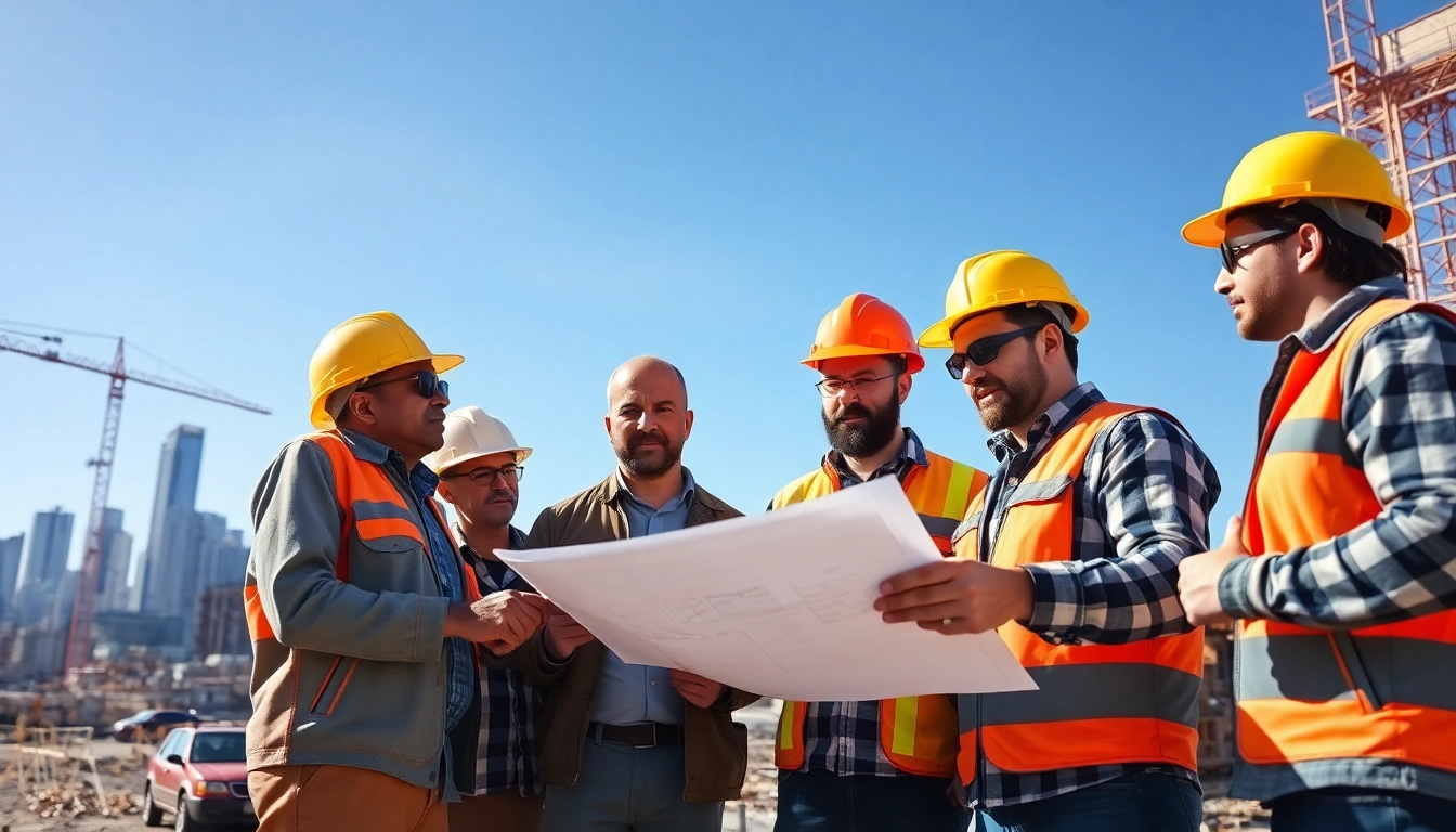Construction association colorado workers collaborating on plans at a vibrant construction site.