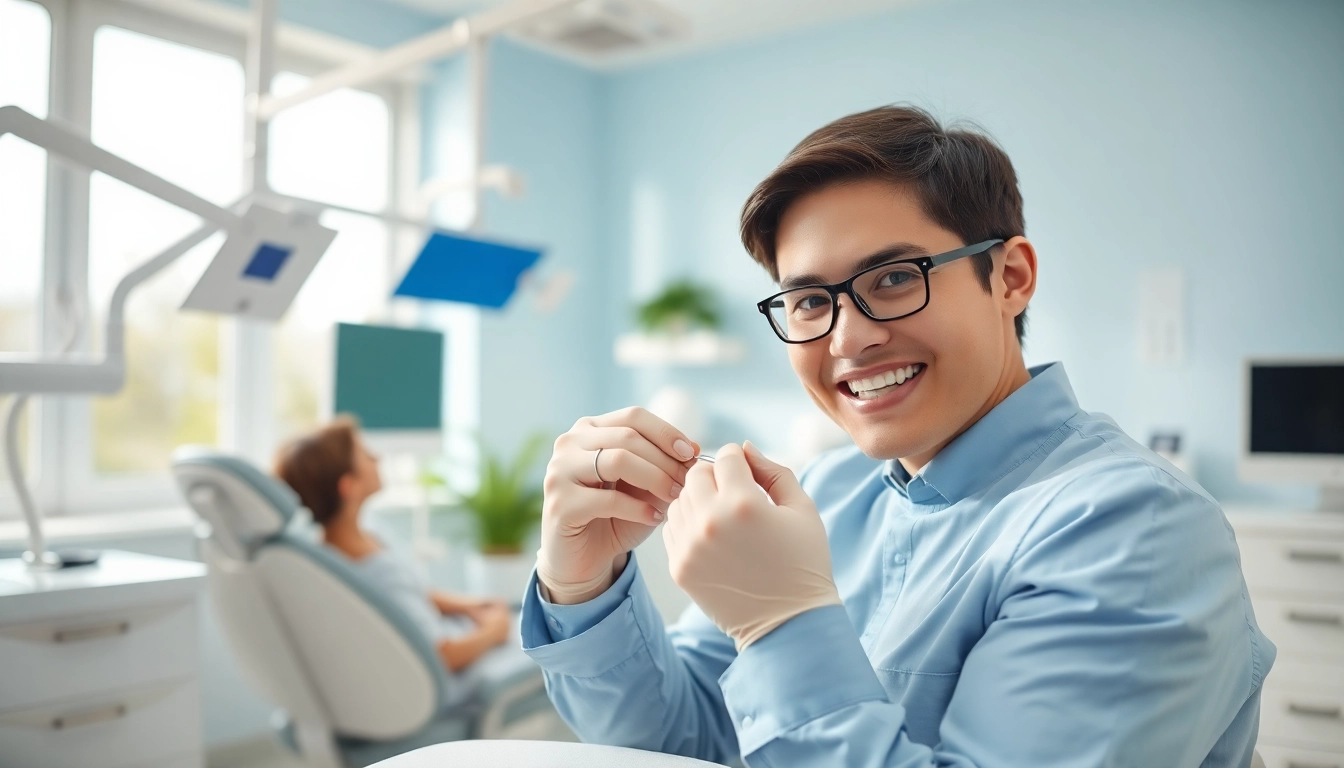Orthodontist Myrtle Beach adjusting braces on a smiling patient in a modern dental office.
