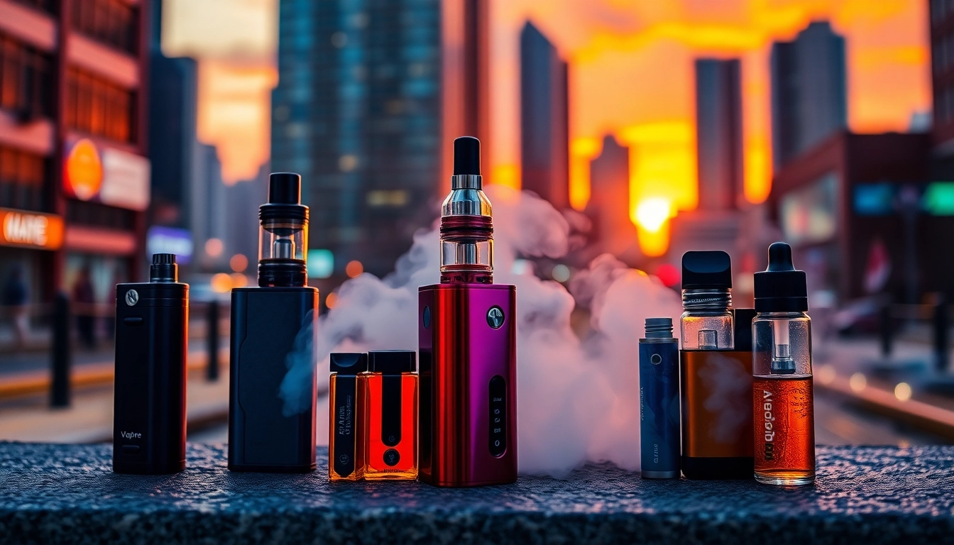 VAPEを楽しんでいる都市の背景での洗練されたデバイスとカラフルな液体。