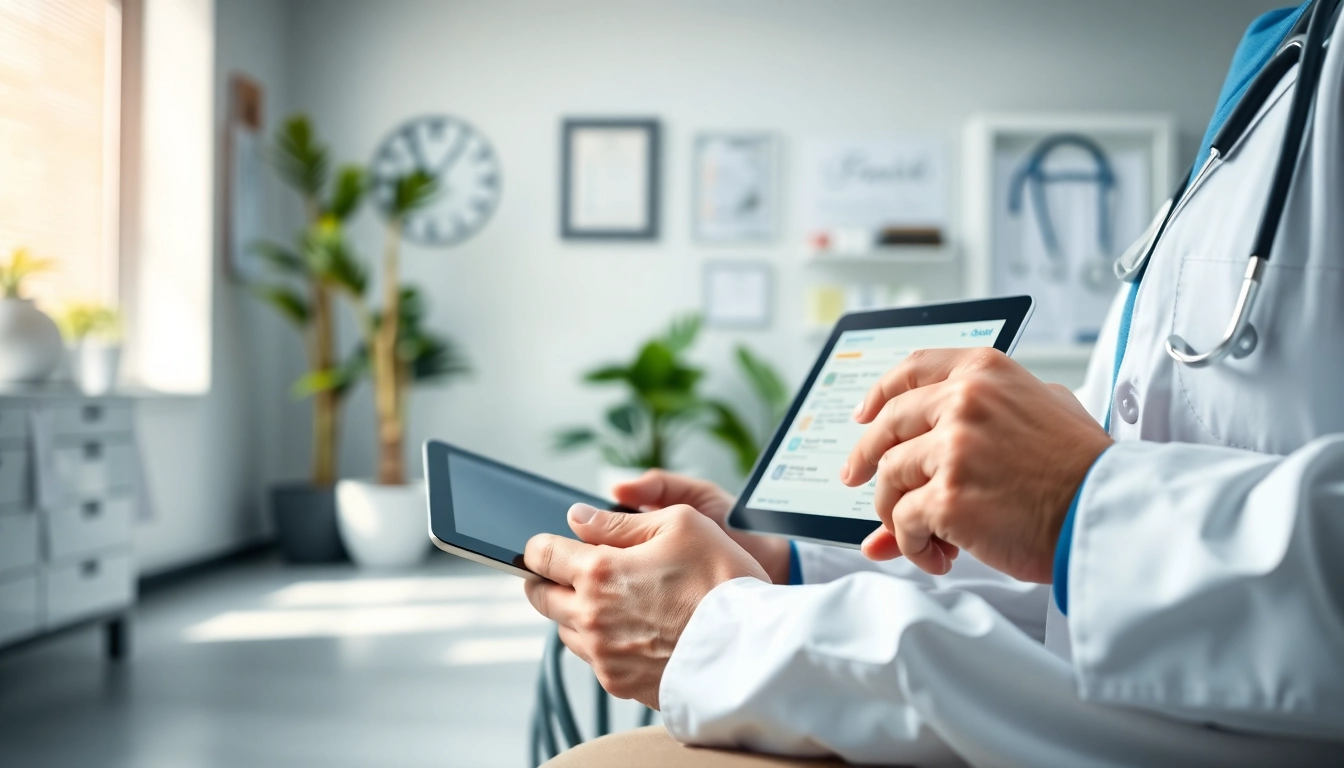 Doctor using eprescribing software on a tablet in a bright medical clinic setting.
