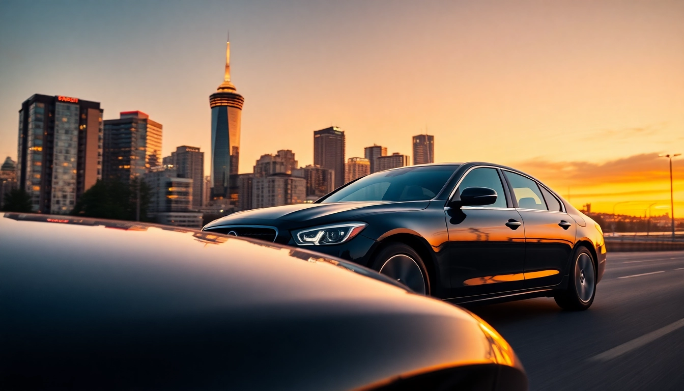 Book your transfer Vancouver airport to downtown with a luxurious black sedan against the sunset skyline.
