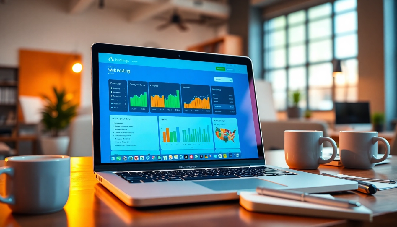 Showcase of Bluehost web hosting interface on a laptop in a professional office setting.