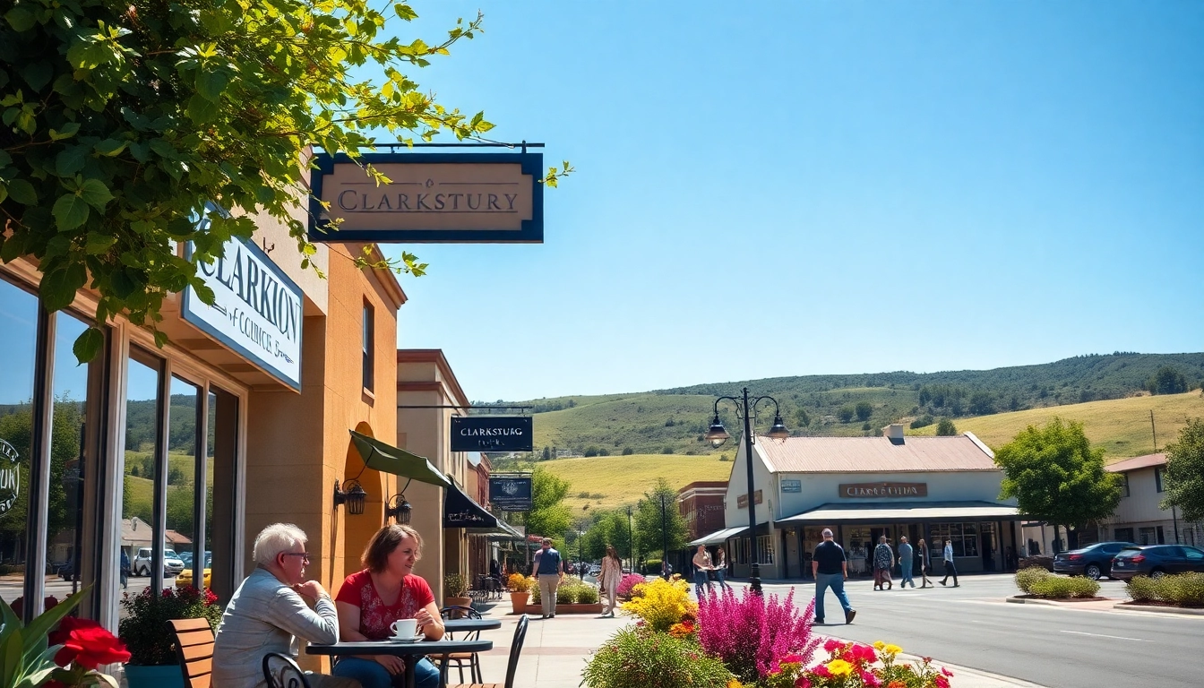 Engaging scene in Clarksburg CA with locals enjoying outdoor cafes and vibrant shops.
